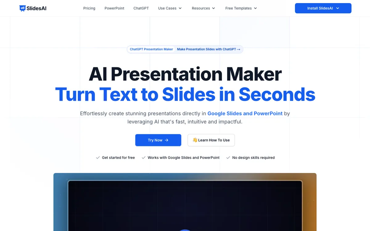 SlidesAI official website and landing page preview