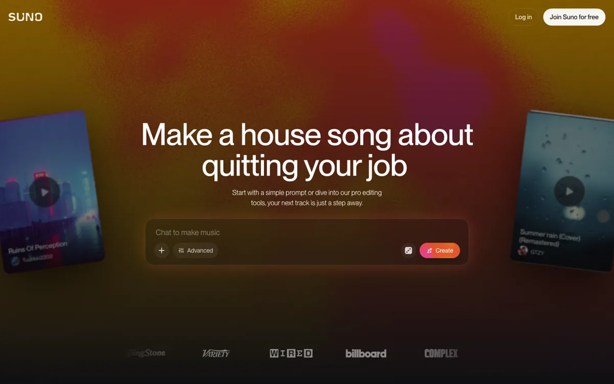 Suno official website and landing page preview