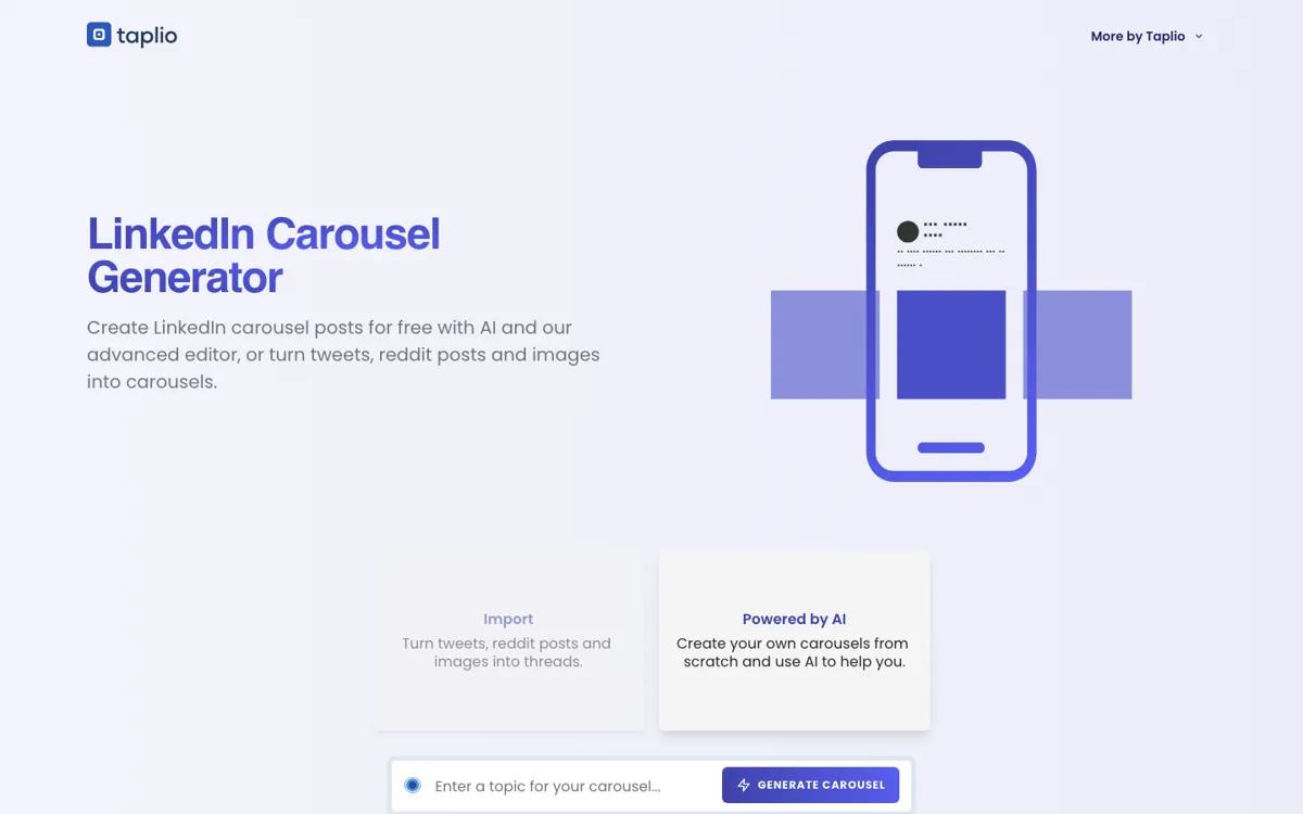Taplio Carousel Generator official website and landing page preview