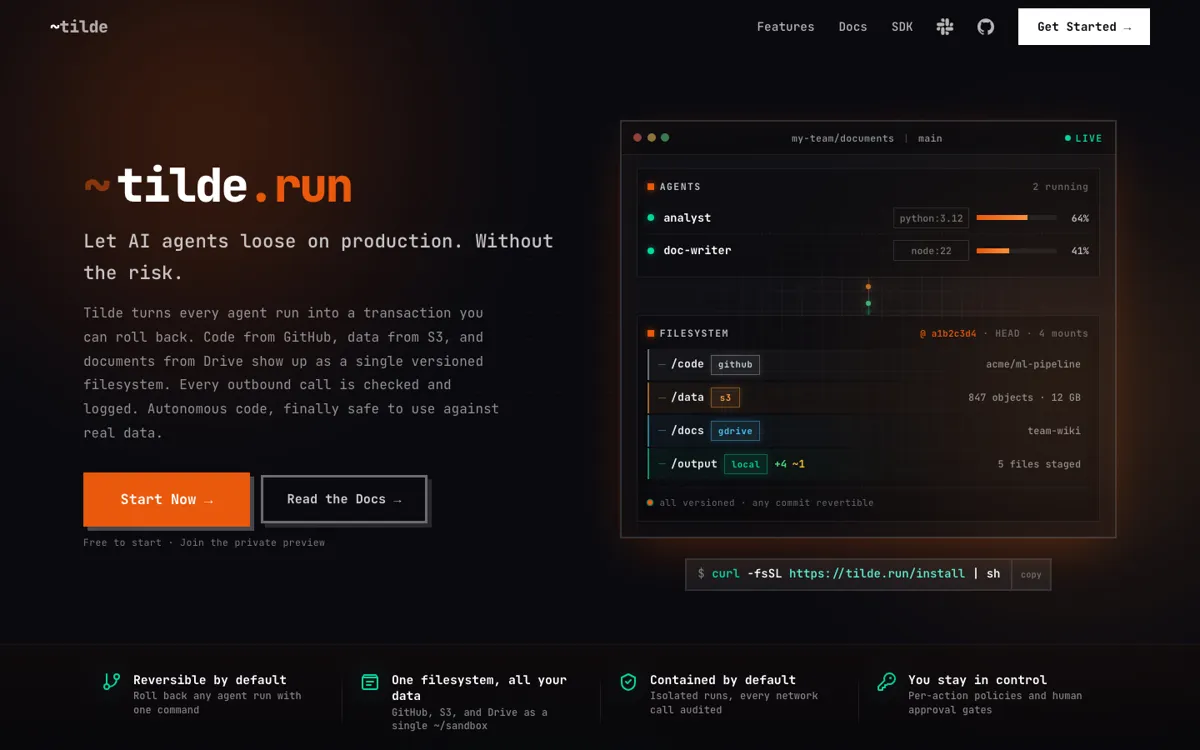 Tilde.run official website and landing page preview