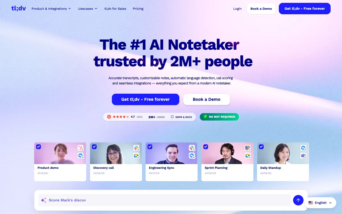 tl;dv official website and landing page preview