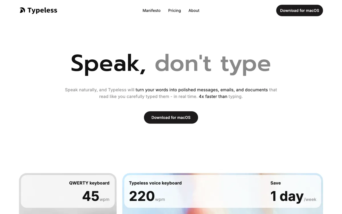 Typeless official website and landing page preview