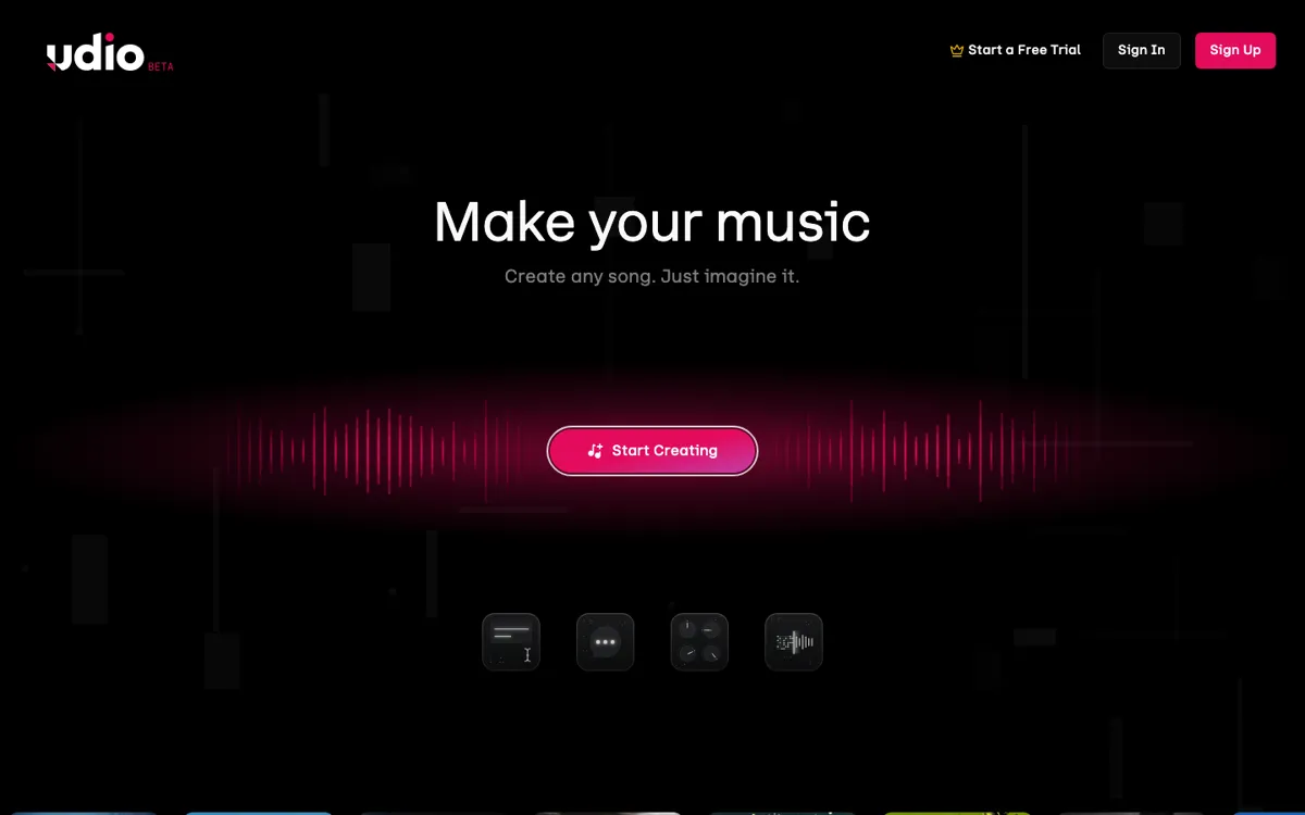Udio official website and landing page preview