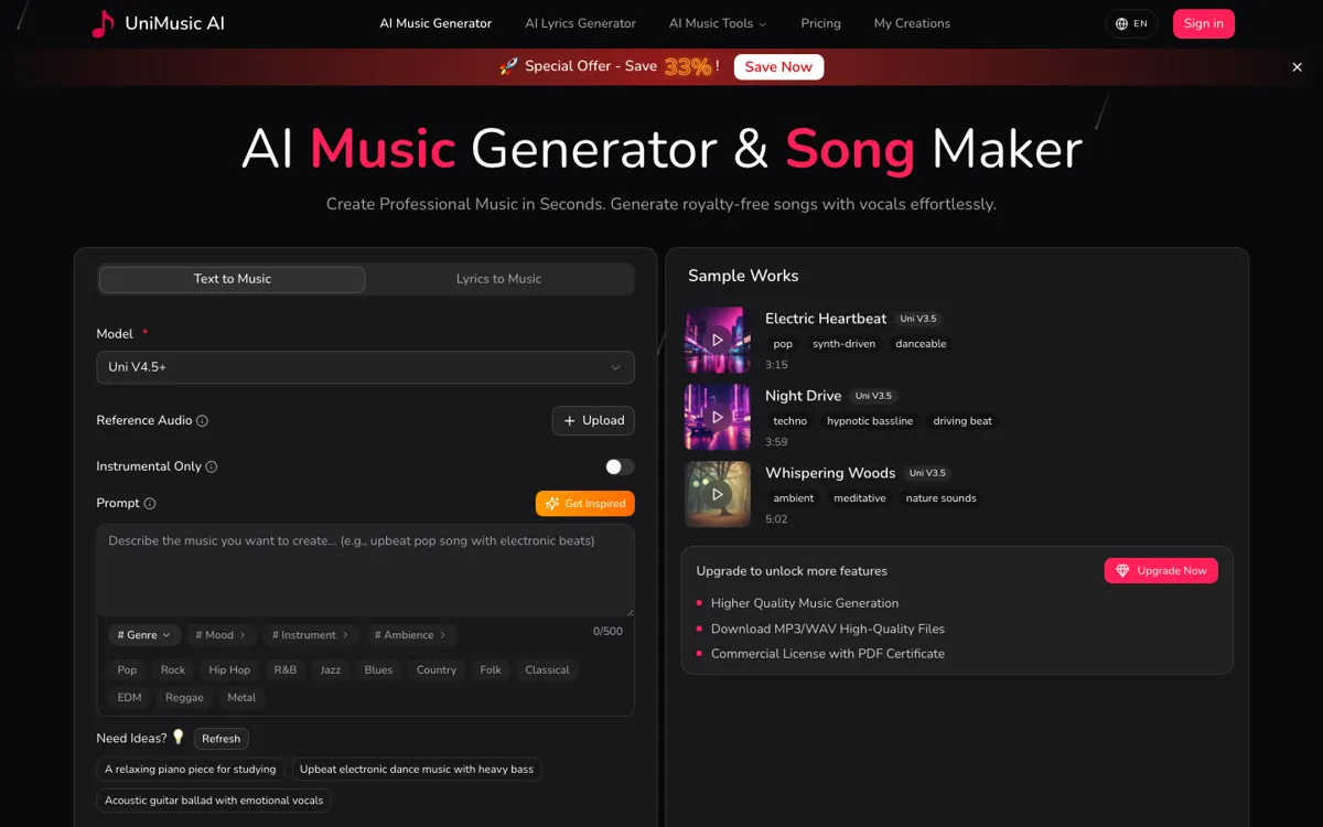 UniMusic AI official website and landing page preview