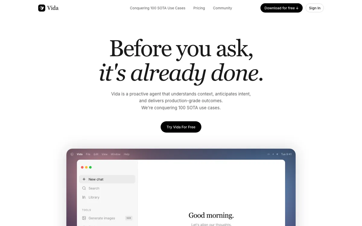 Vida official website and landing page preview