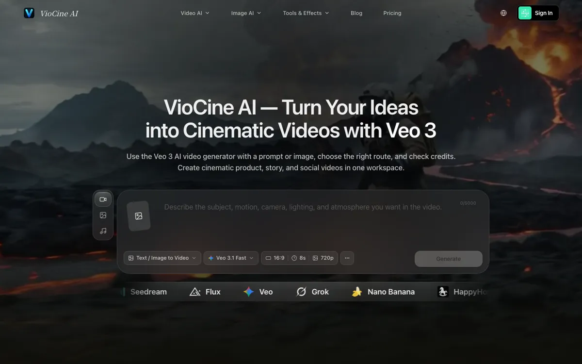 VioCine AI official website and landing page preview