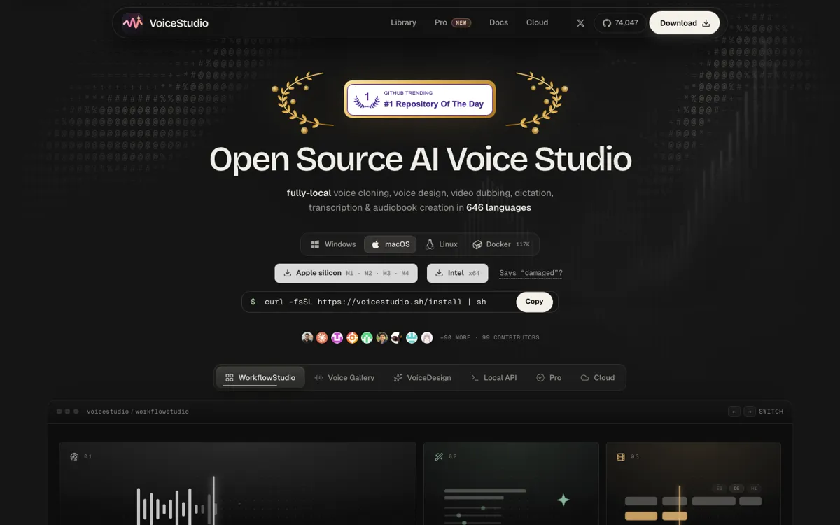 VoiceStudio official website and landing page preview