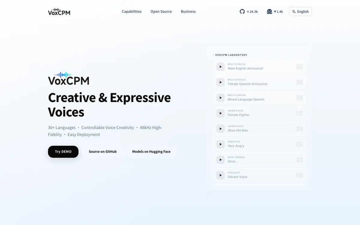 VoxCPM official website and landing page preview