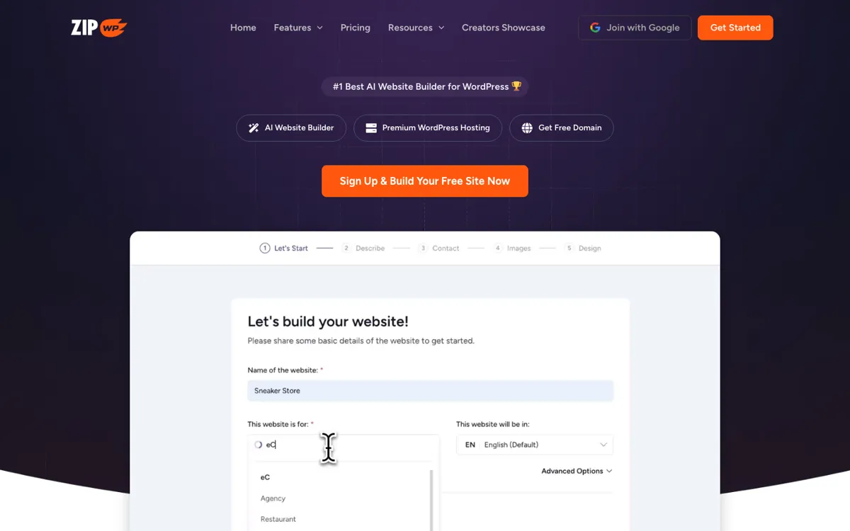 ZipWP official website and landing page preview